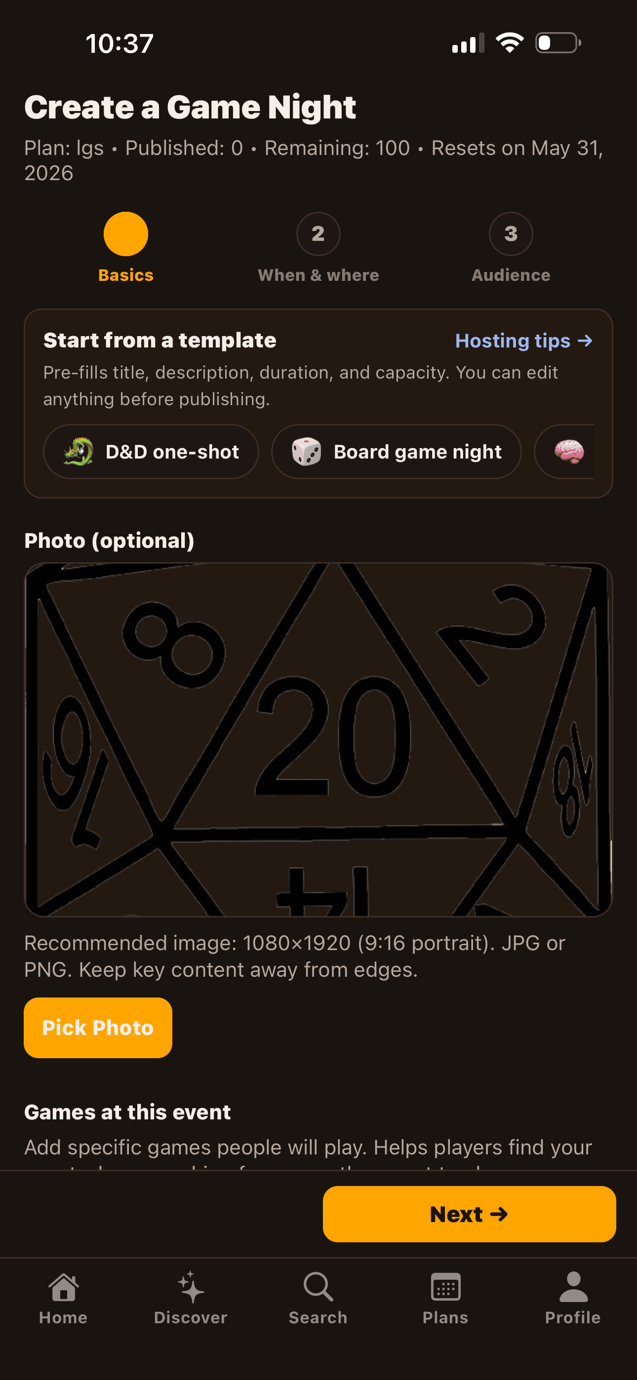 The Create wizard, step 1 — pick a template, set the title and a cover photo