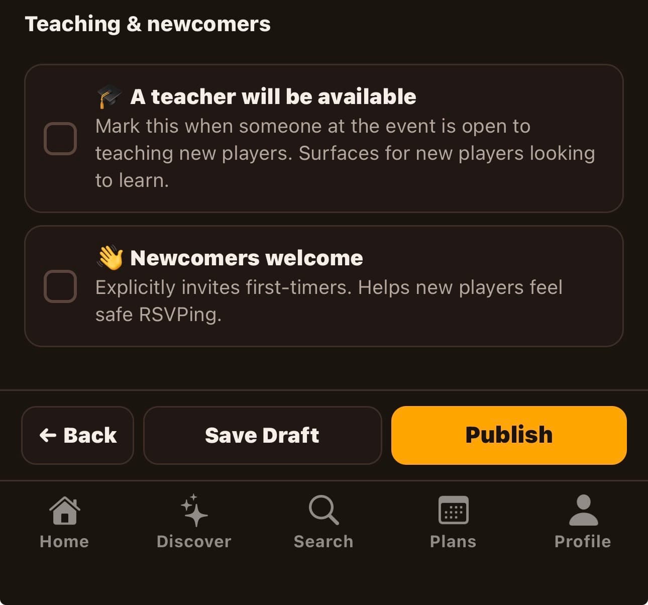 Event creation — 'teaching available' and 'newcomers welcome' toggles