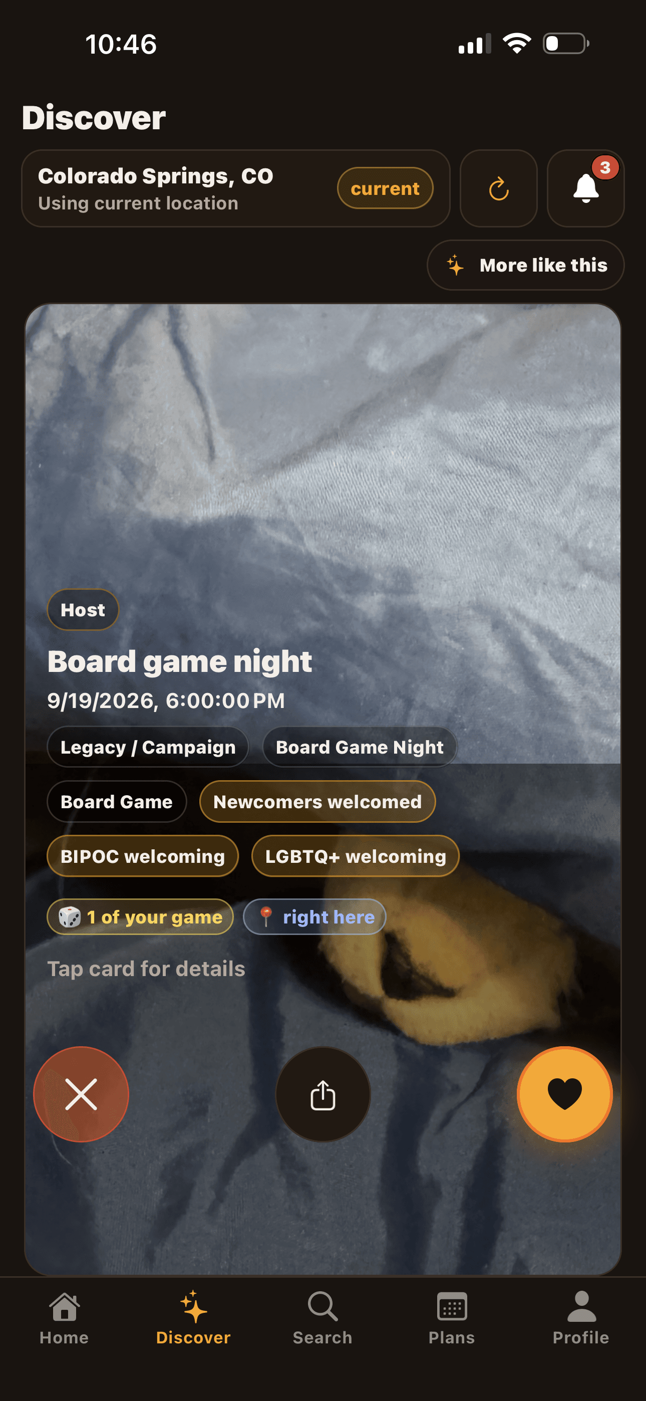 Discover swipe card with cover image, host badge, and 'why this matches you' chips