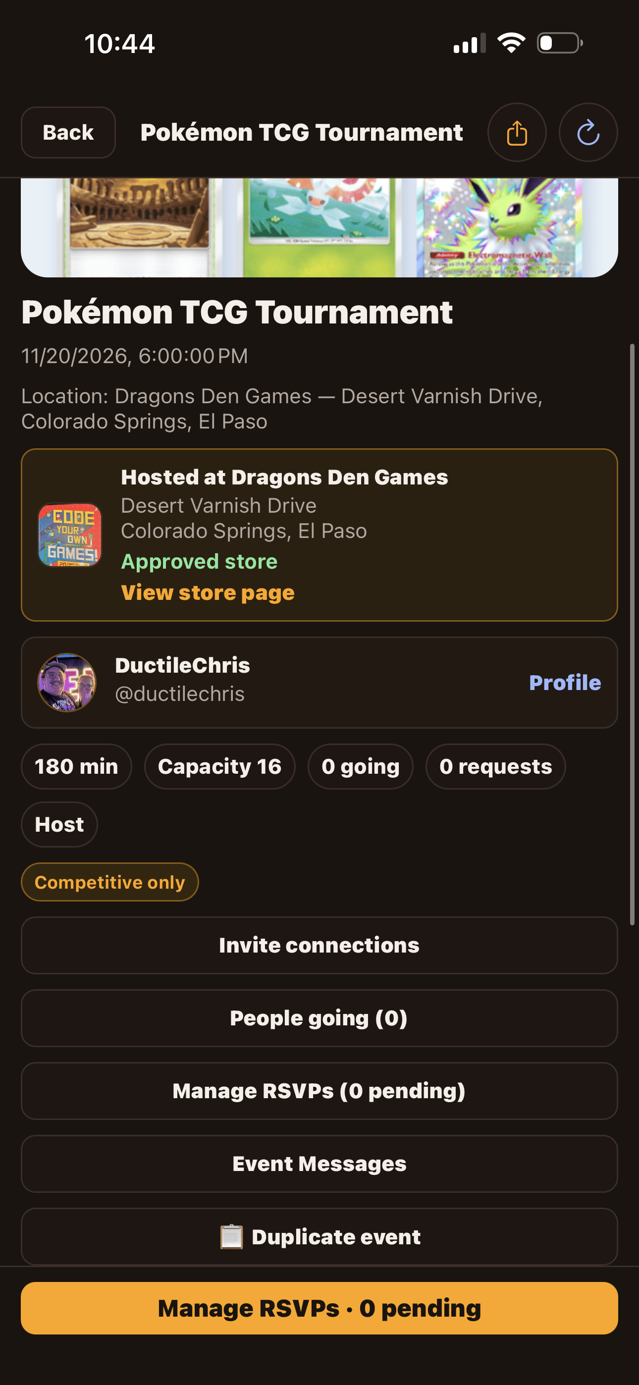 Event detail screen as the host with a sticky 'Manage RSVPs' bar at the bottom