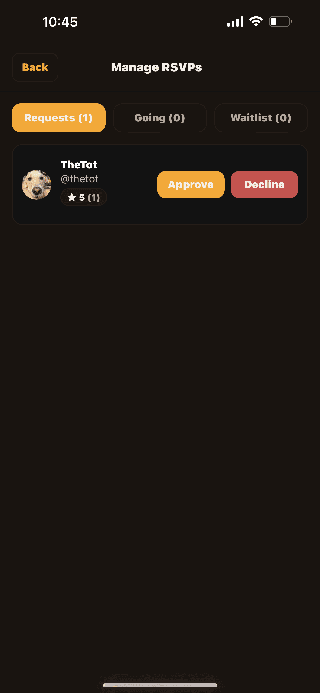 Manage RSVPs screen — approve or decline pending requests, see who's going