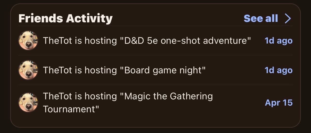 Home tab activity feed — connections RSVP'ing, badges earned, plays logged