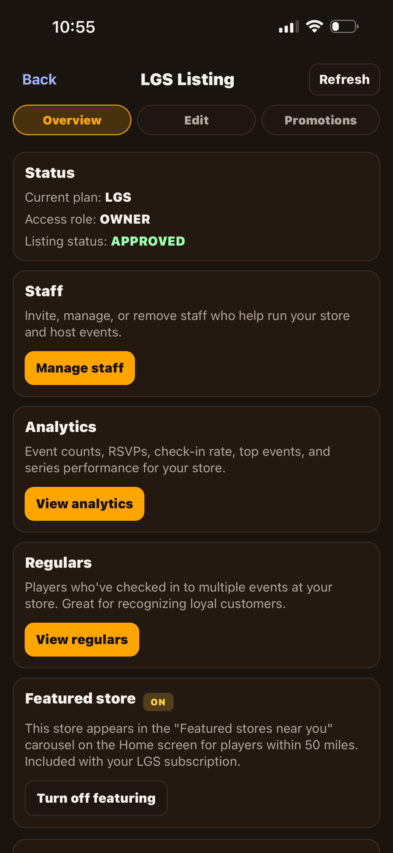 LGS Manage Overview — listing status, staff, analytics, regulars, and Featured Stores toggle