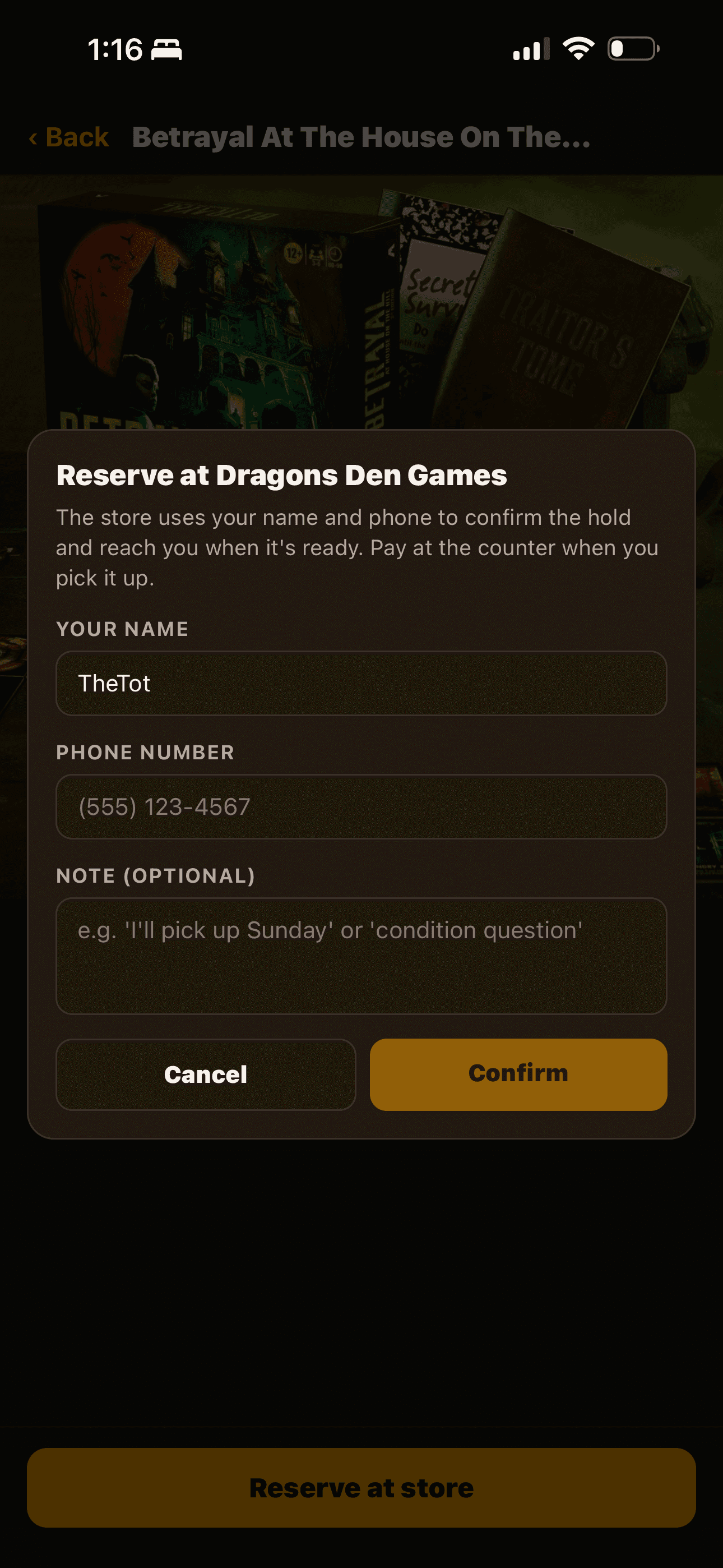 Reserve modal asking for name, phone number, and an optional note
