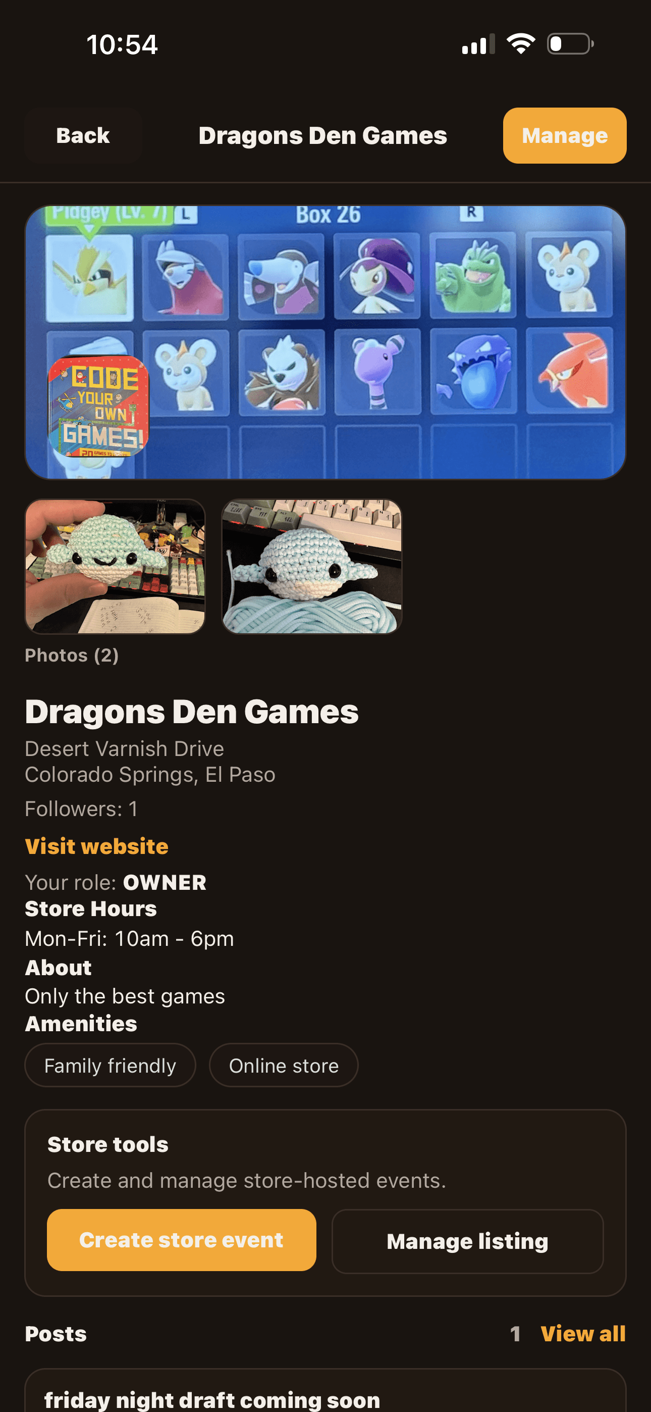 A public store page — verified badge, photos, hours, posts, upcoming events