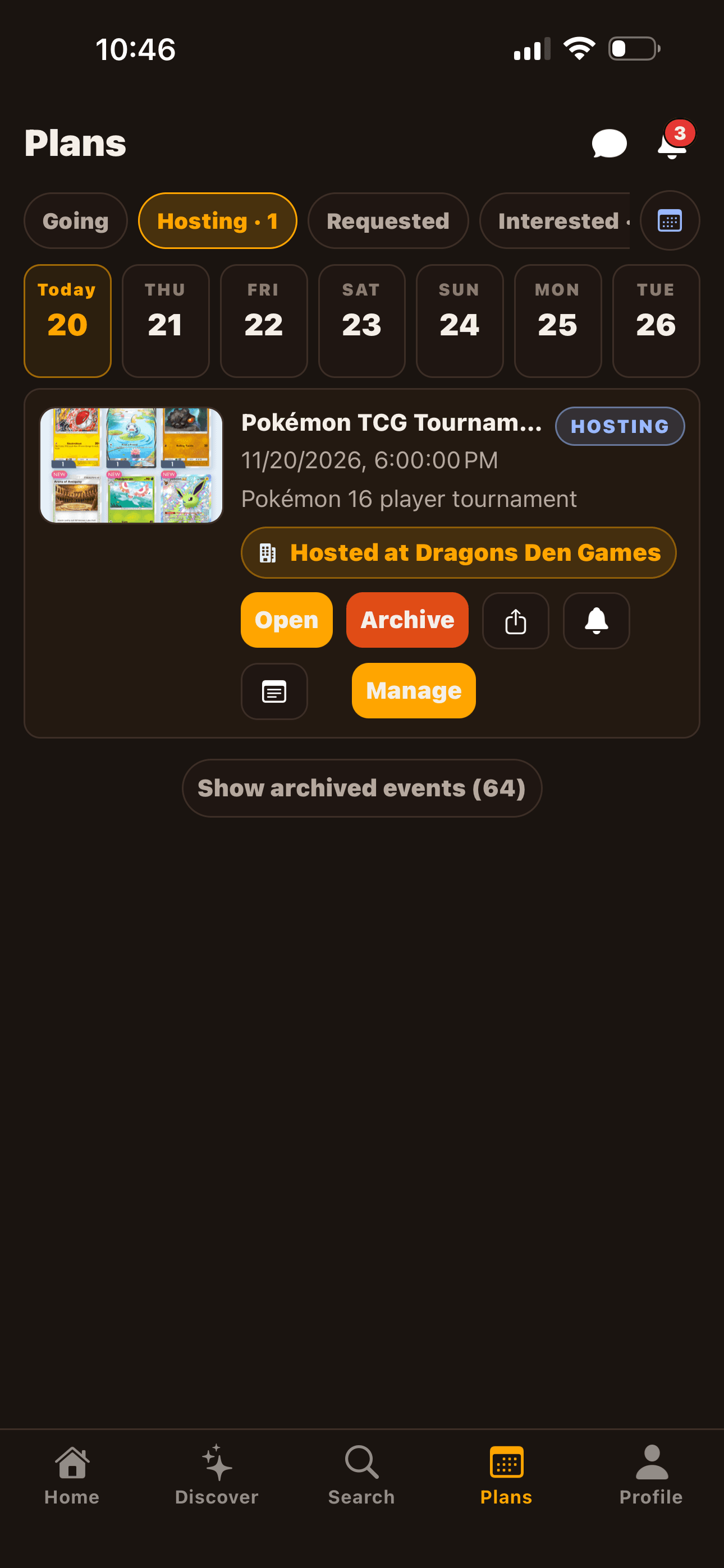 Plans tab — week strip across the top with events you're going to or hosting