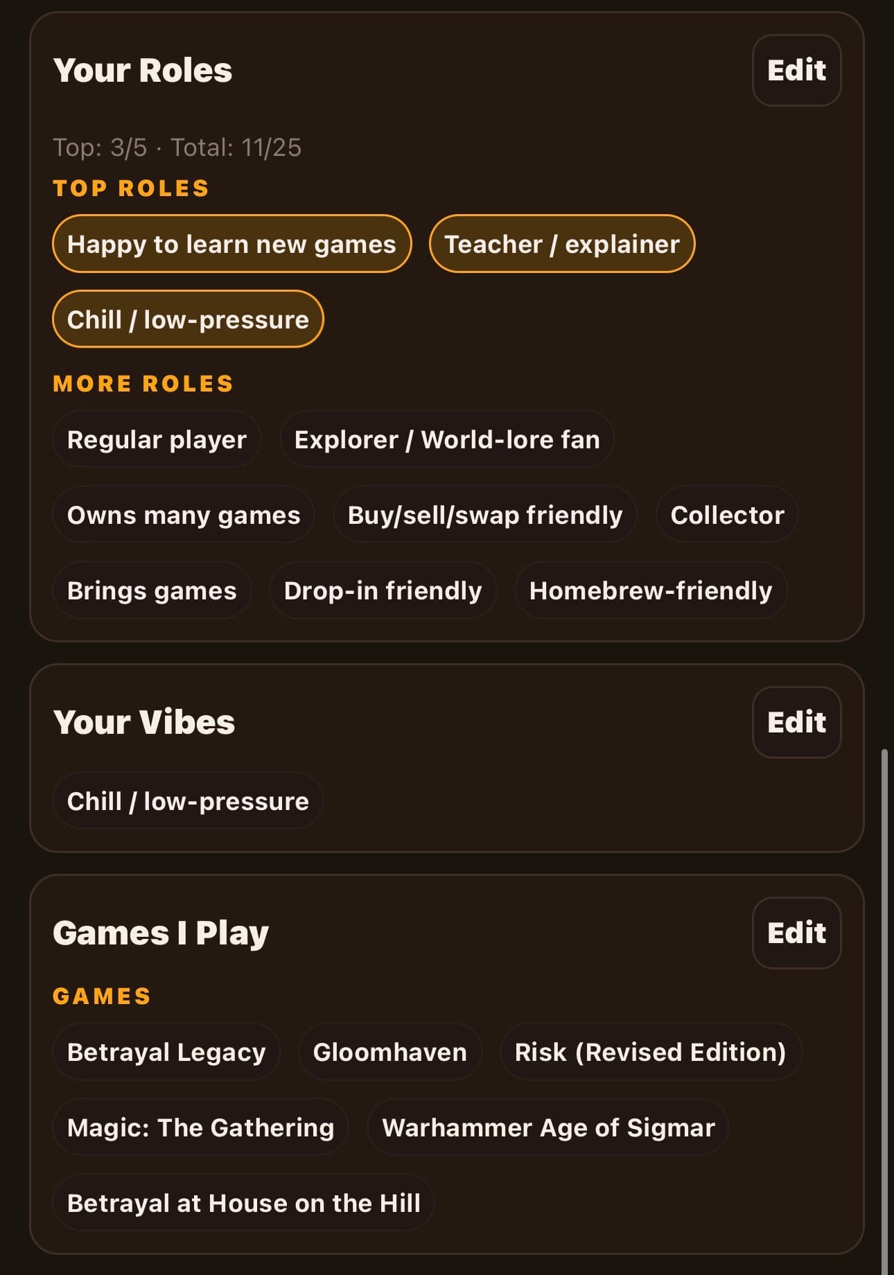 A profile showing top roles, vibes, and a games-I-play collection