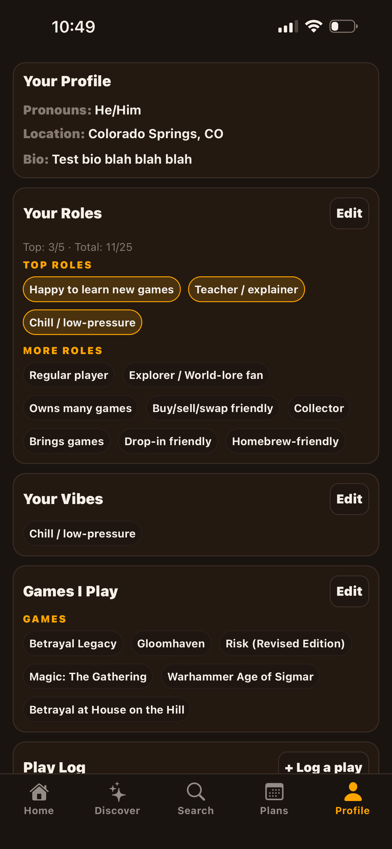 A user profile showing roles, vibes, and a games-I-play collection
