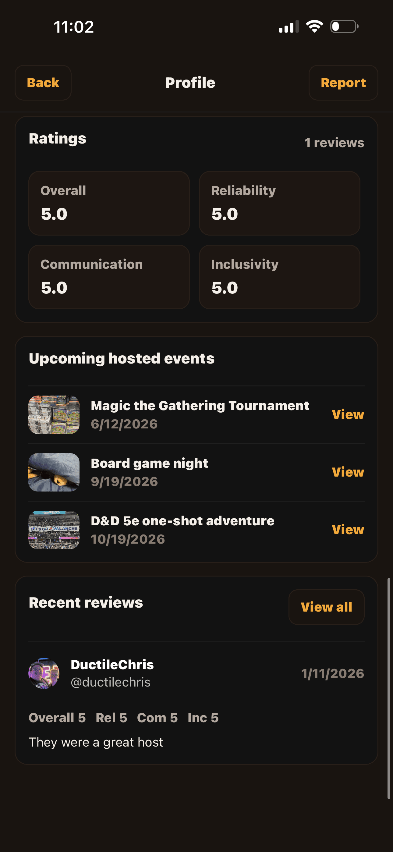 Profile reviews — positive-only reaction tags aggregated from past events