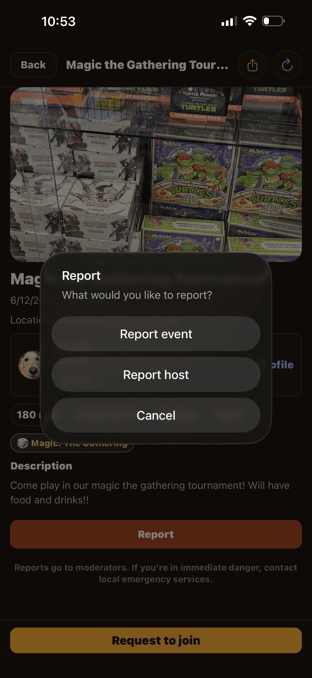 Report modal — pick a reason (harassment, hate, scam, minor safety, other) and add detail