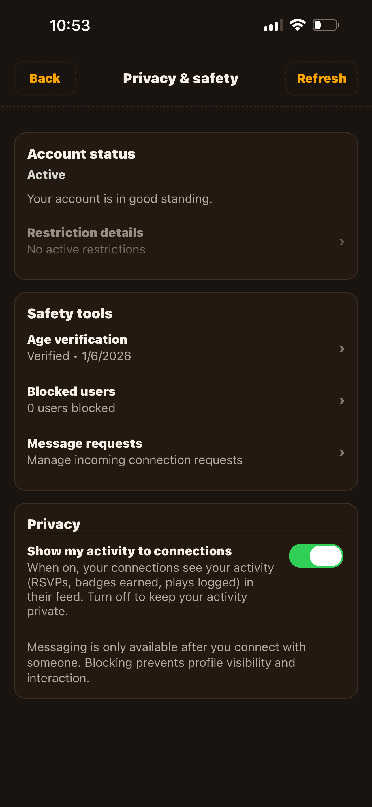 Account → Safety hub with block, report, and visibility controls